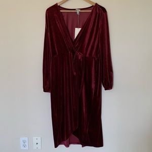 NWT: Burgundy velvet wrap front dress